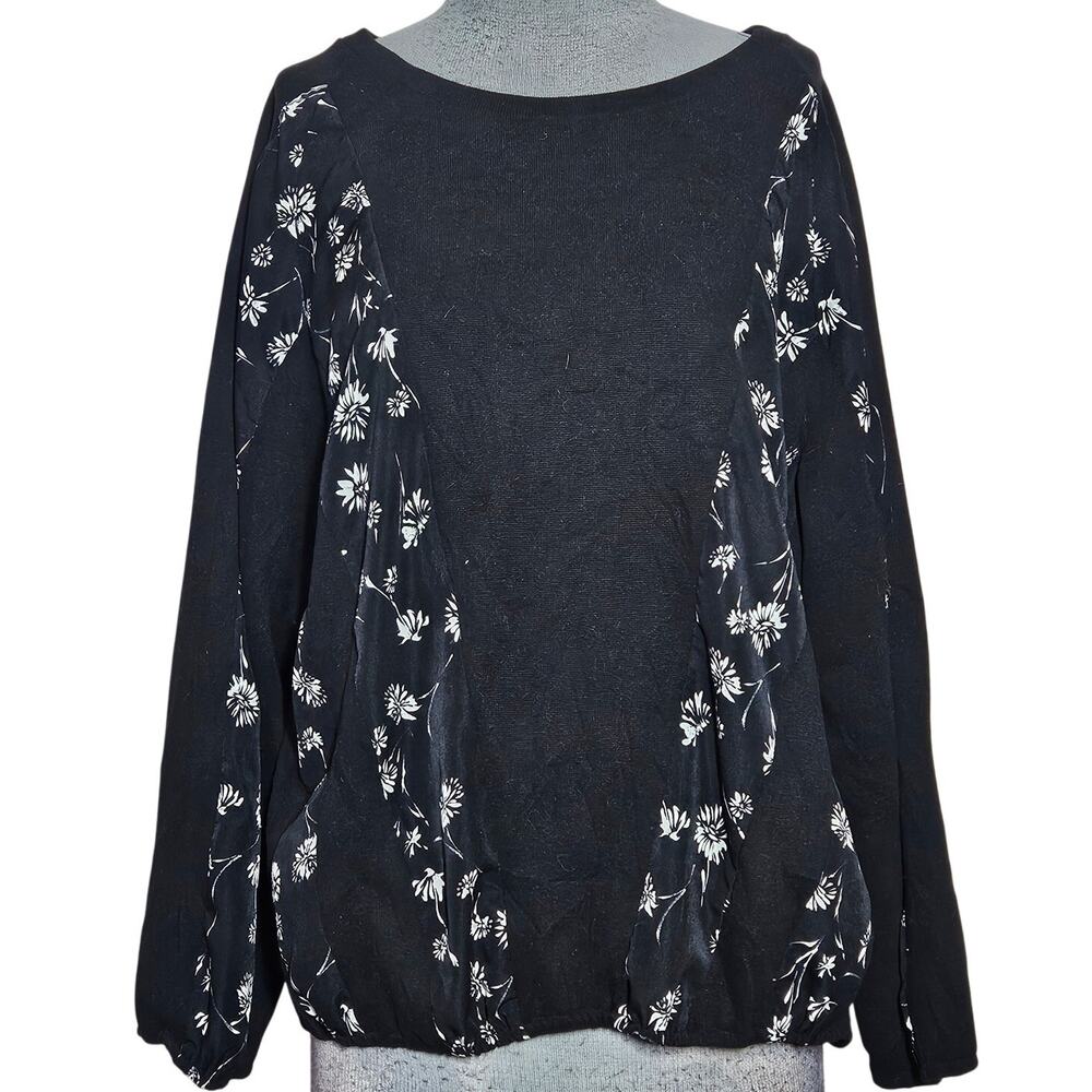 Black Pullover Cotton Blend Floral Print Top Size Small